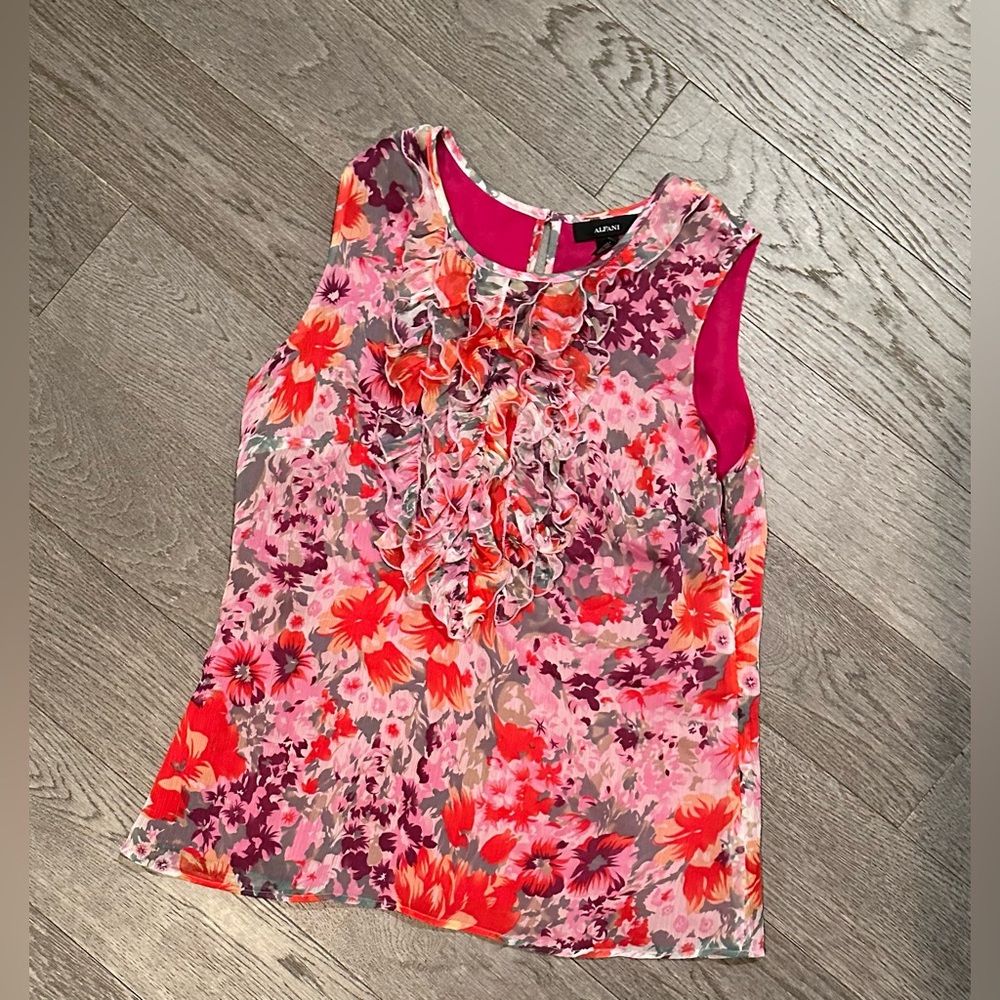 Alfani Pink Floral Pattern Ruffle Sleeveless Blouse Size M